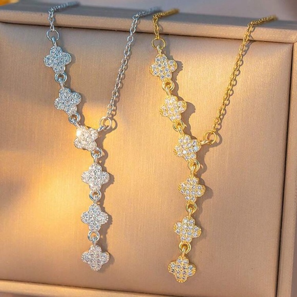 Silver Plated Stainless Steel Clover Drop Necklace - Picture 2 of 2